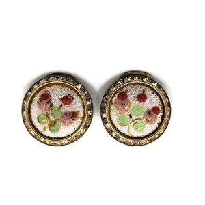 Vintage Metallic Enamel and Rhinestone Clip On Earrings